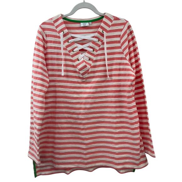 Crown & Ivy Beach Womens Coral Striped Lace Up V-Neck Top Size Large Lightweight - Picture 1 of 7